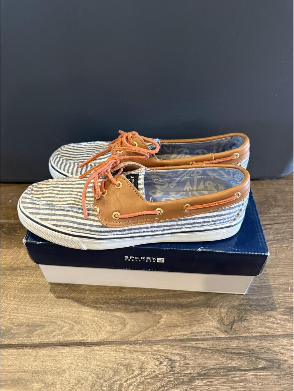 Sperry Striped Boat Shoes with Tan Leather Accents